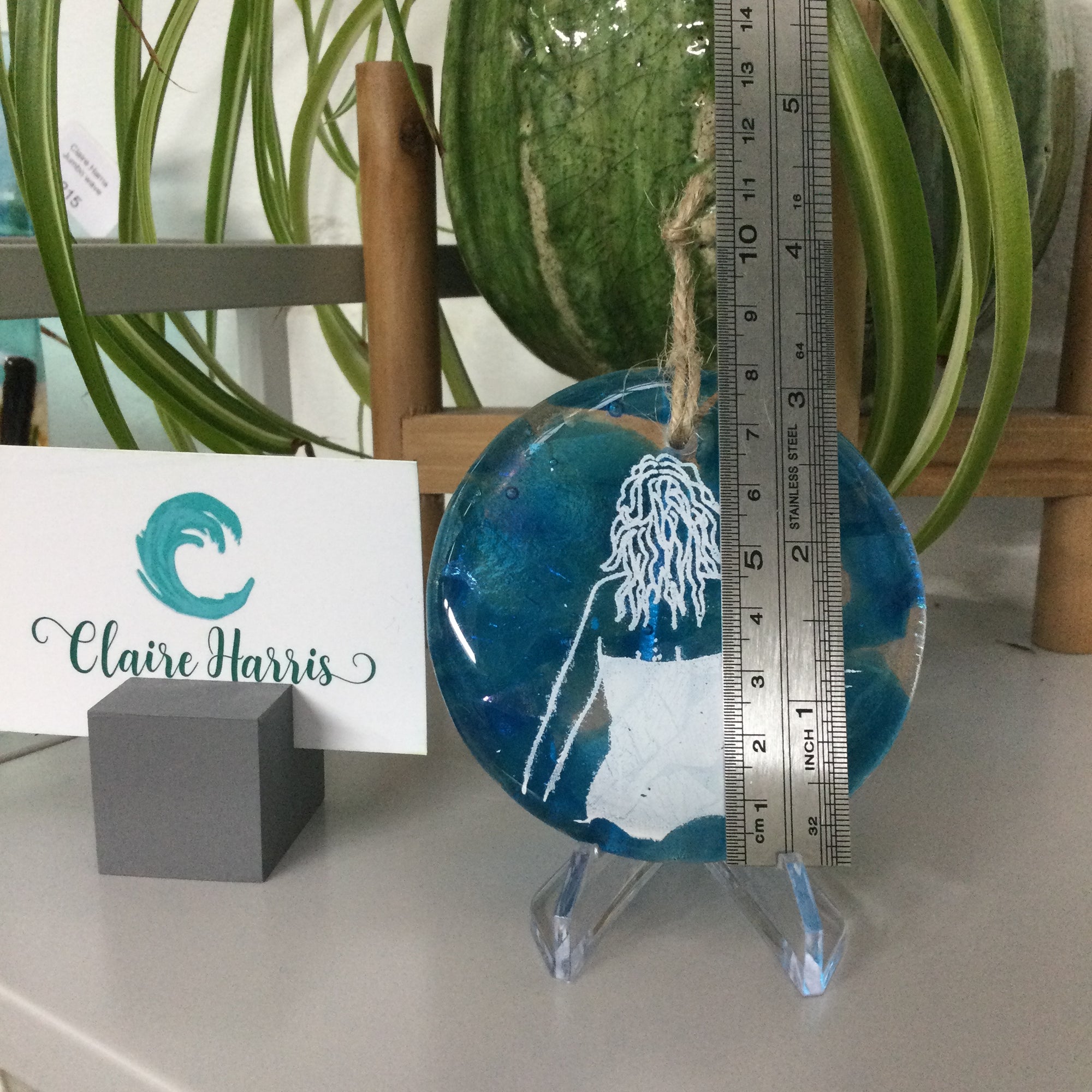 Wild Swimmer Turquoise Fused Glass Disc, Standing L - Fused Glass By Claire Harris 