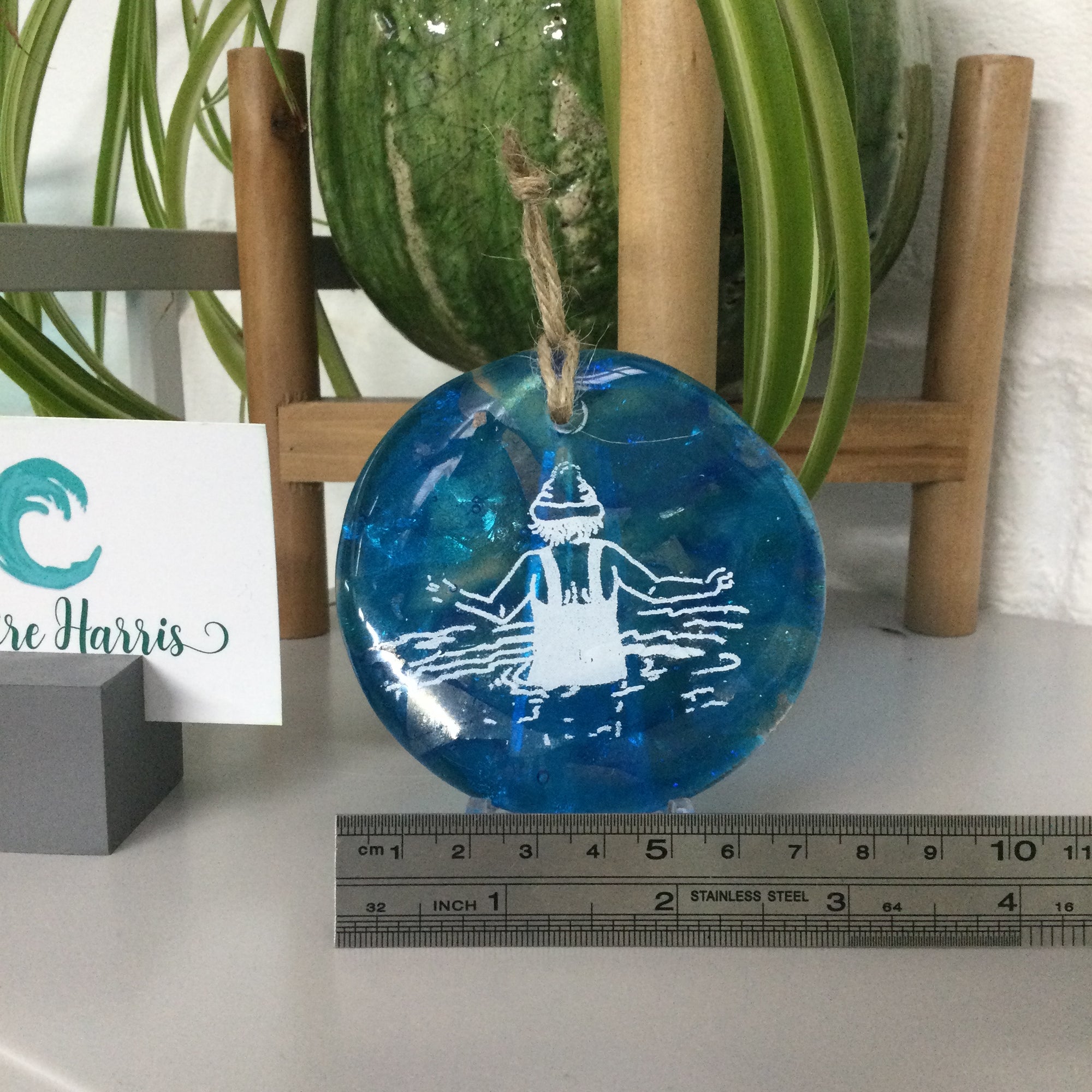 Wild Swimmer Turquoise Fused Glass Disc, Swimmer with Bobble - Fused Glass By Claire Harris 