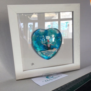 Limited Edition Framed Fused Glass Heart Sea Swimmer with Black Costume and Red Cap