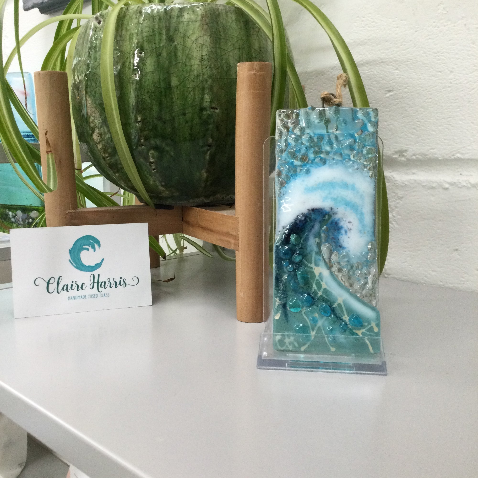 Small Hanger - Light Aqua Crashing Wave - Fused Glass By Claire Harris 