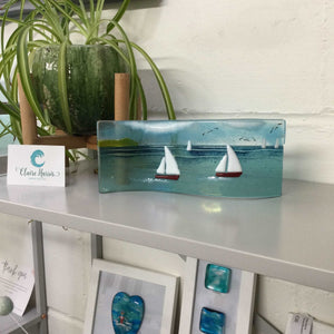 Large Freestanding Wave - Sea Scene with sailing boats - Fused Glass By Claire Harris 