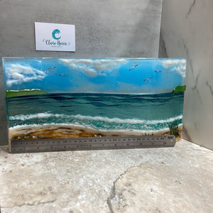 Jumbo Freestanding Wave Fused Glass Sea Scene, Cornish beach with Grass