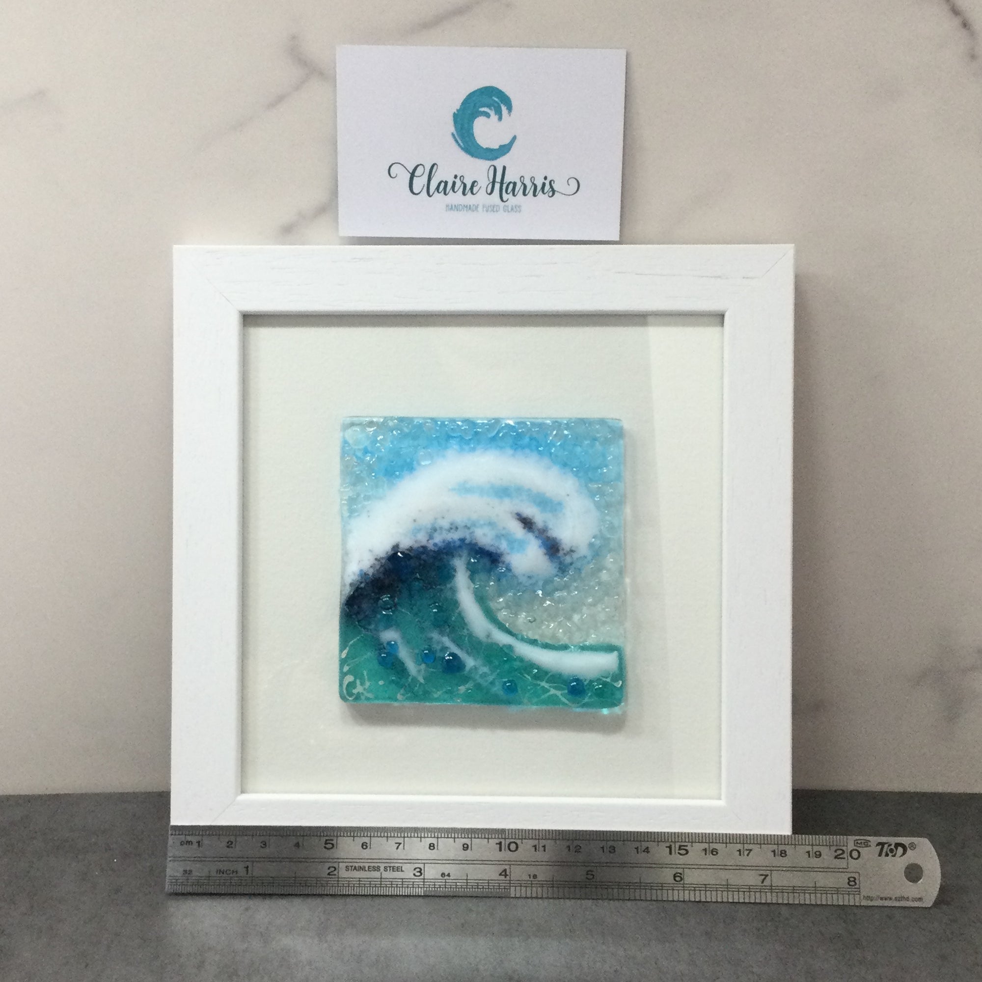 Limited Edition Framed Fused Glass Square Light Aqua Crashing Wave