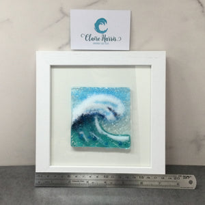 Limited Edition Framed Fused Glass Square Light Aqua Crashing Wave
