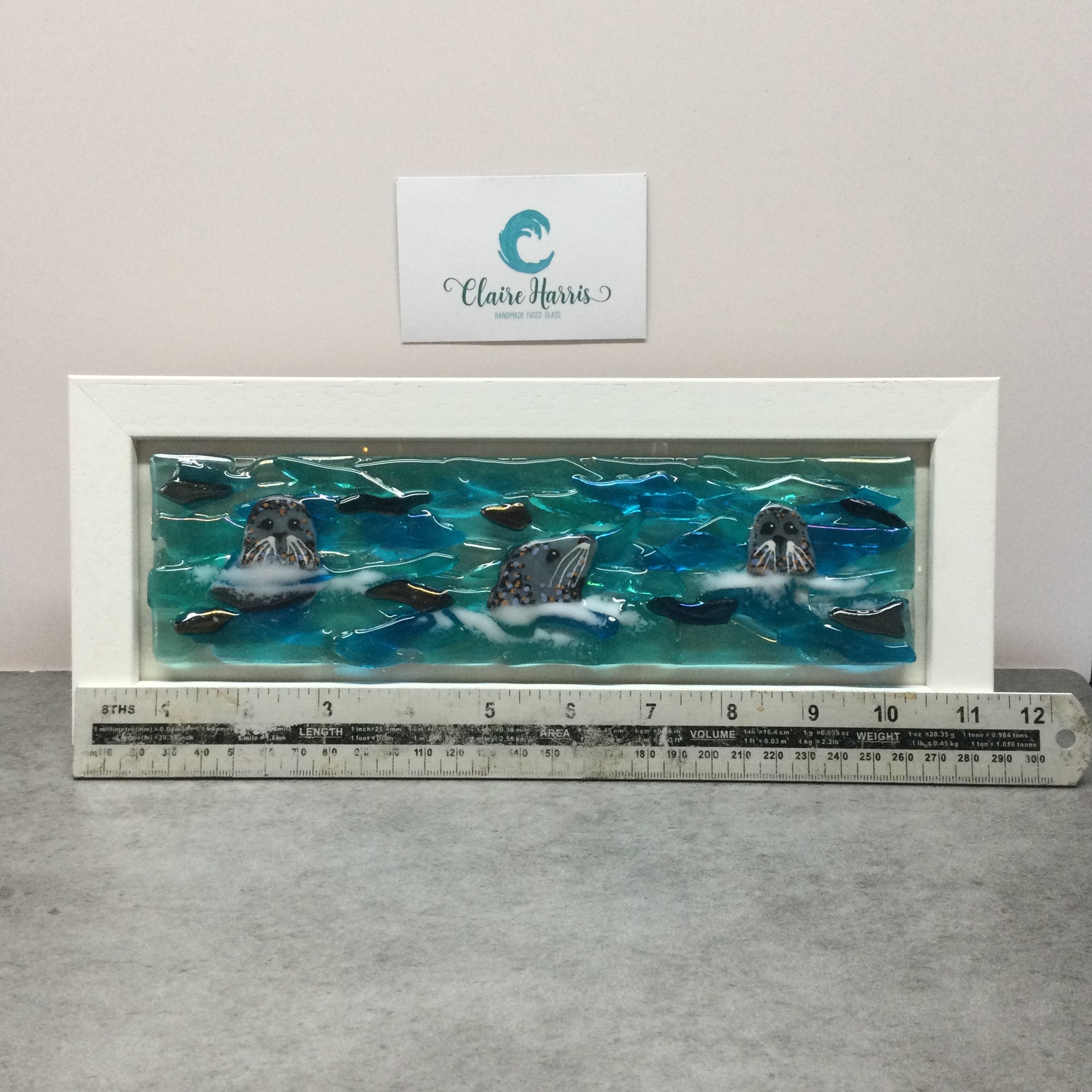 Limited Edition Framed Seals, rectangle framed fused glass