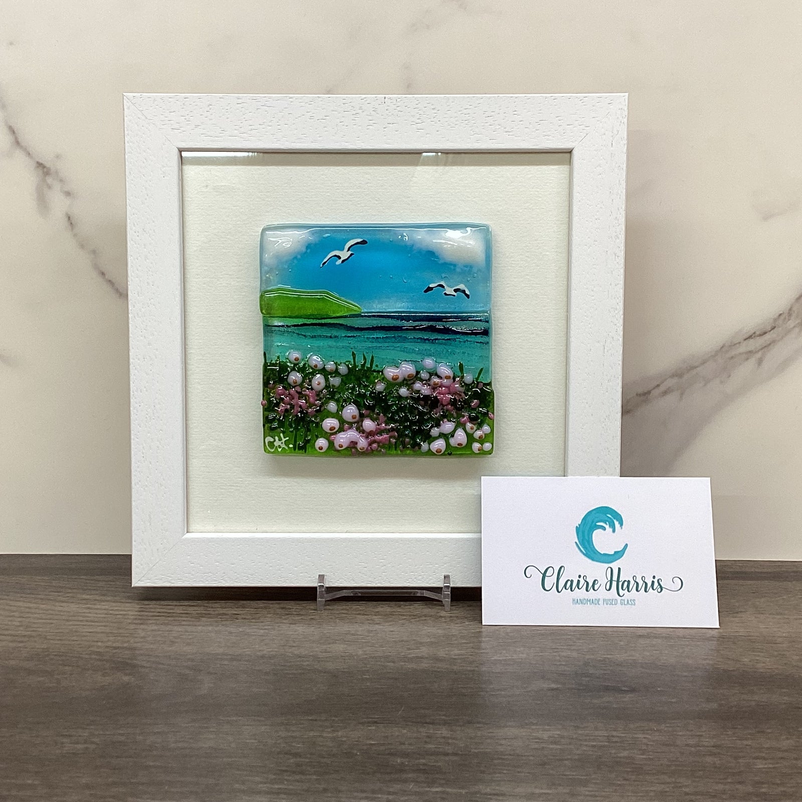 Framed Fused Glass Square Sea Pinks