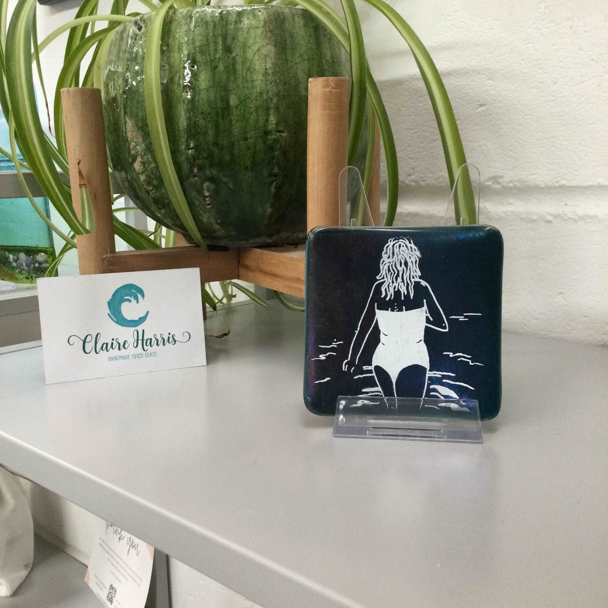 Cornish Wild Swimmers Standing, Dark Aqua Trinket Dish - Fused Glass By Claire Harris 