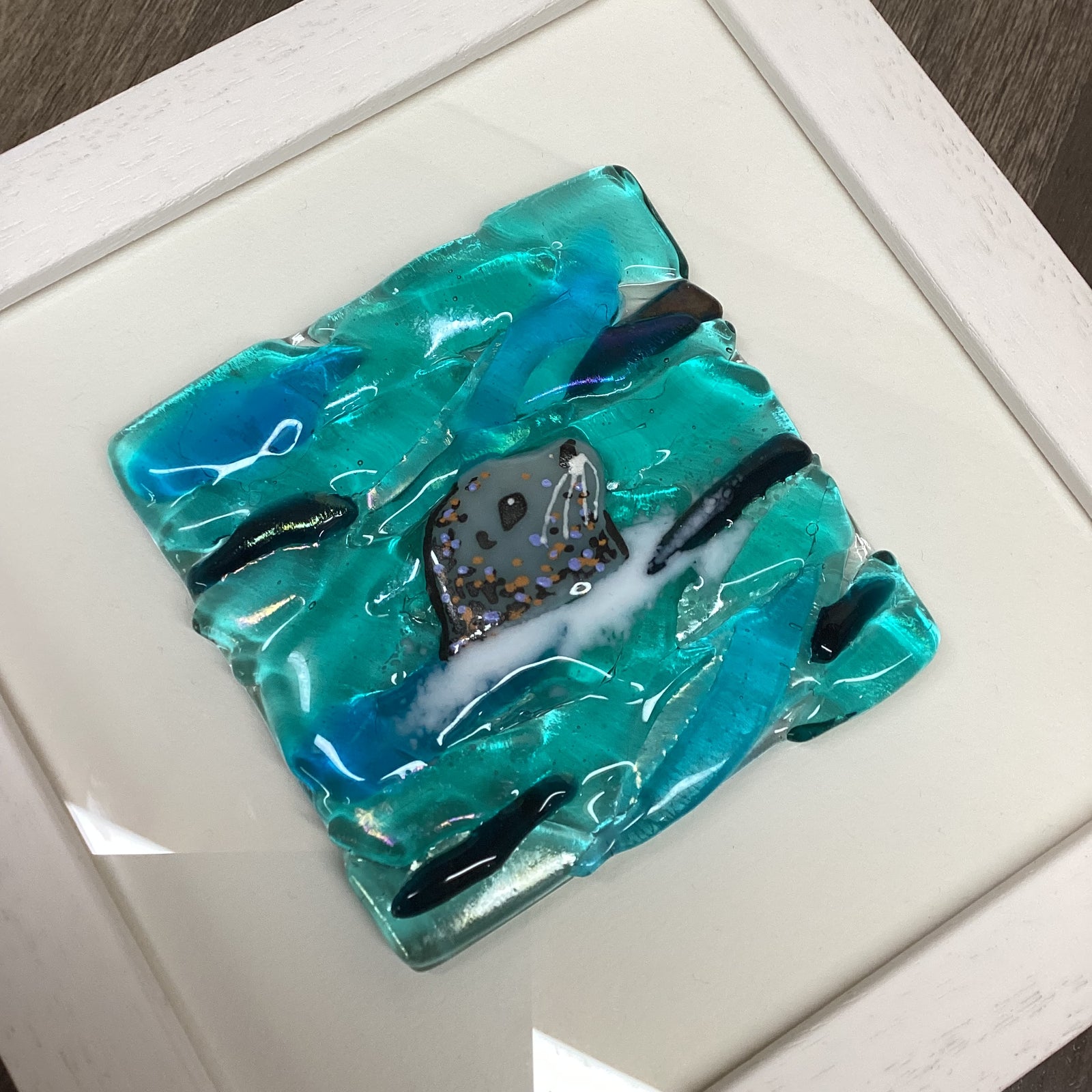 Square Framed Fused Glass Seal Side Facing