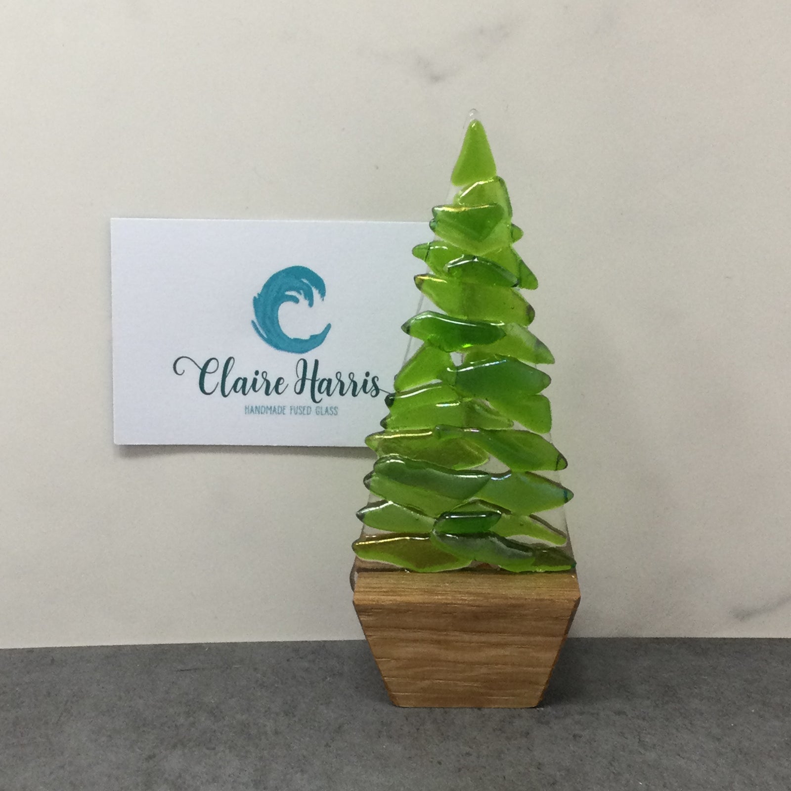 Fused Glass Green Fir Tree, Christmas Tree with Wooden Base