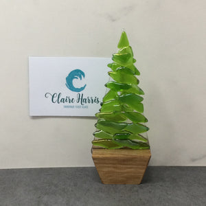 Fused Glass Green Fir Tree, Christmas Tree with Wooden Base