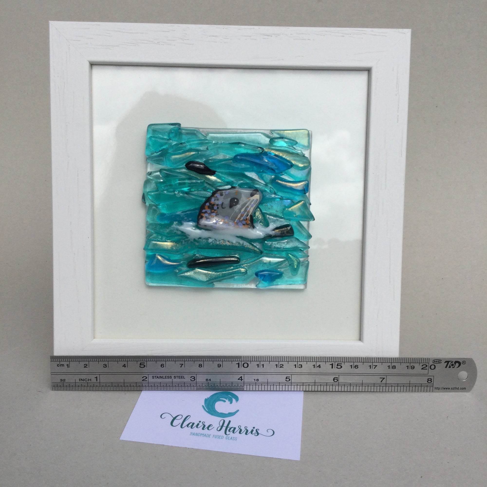 Square Framed Fused Glass Seal Side Facing