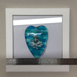 Limited Edition Framed Fused Glass Sea Swimmer Heart - Black costume with Purple Bobble Hat