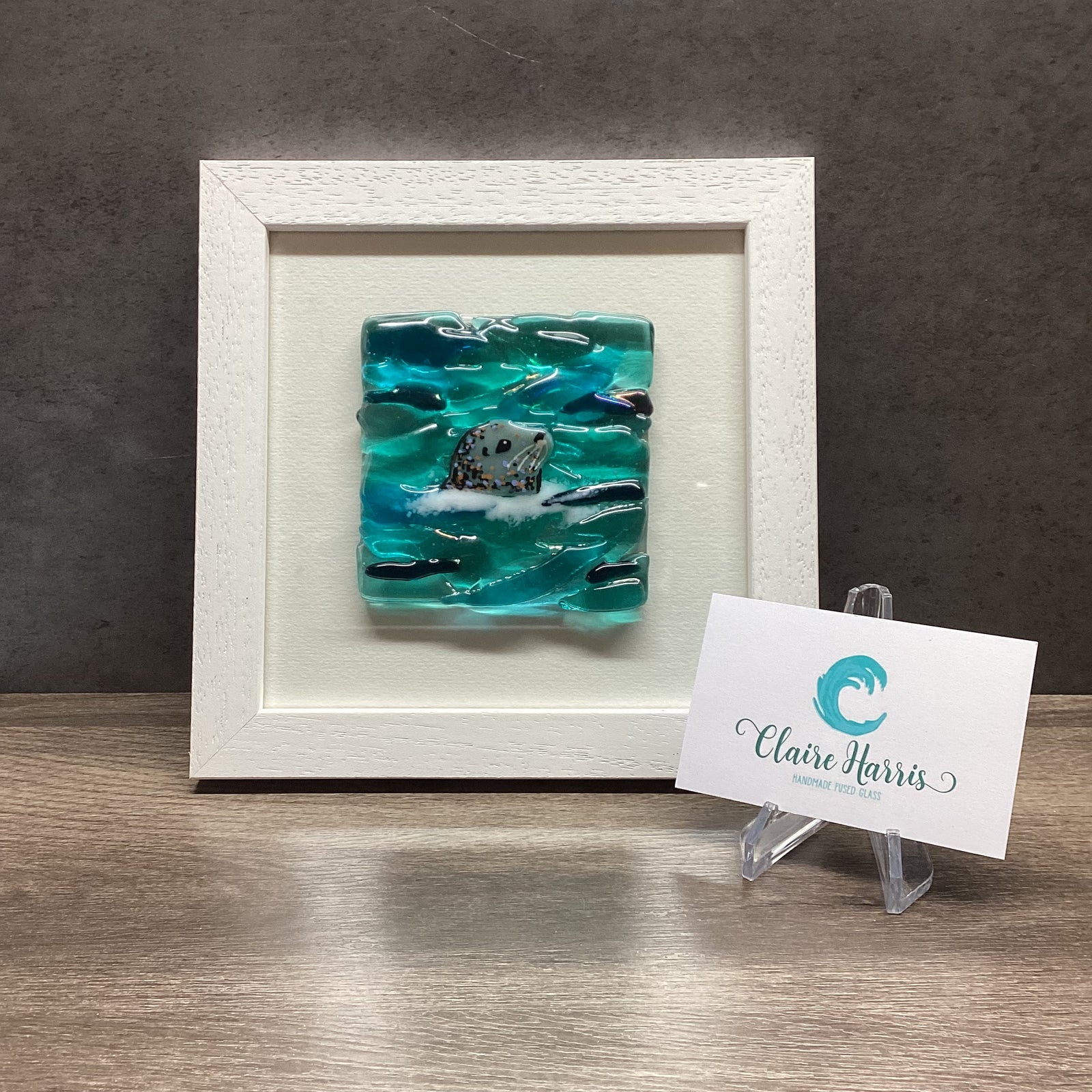 Square Framed Fused Glass Seal Side Facing