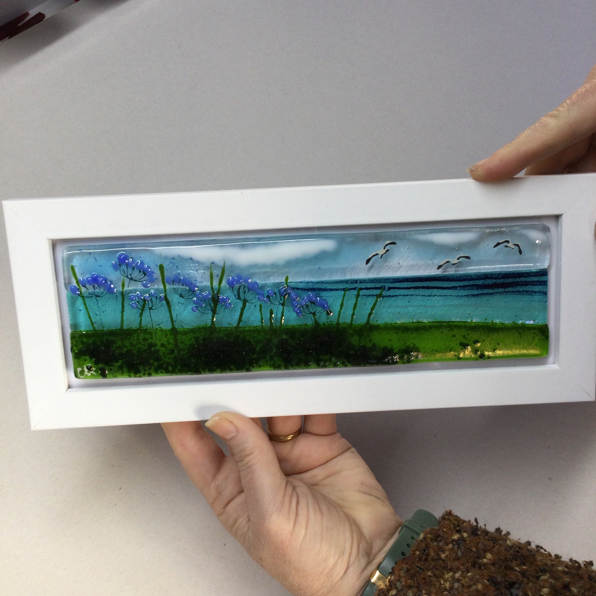 Limited Edition Framed Agapanthus, rectangle framed fused glass