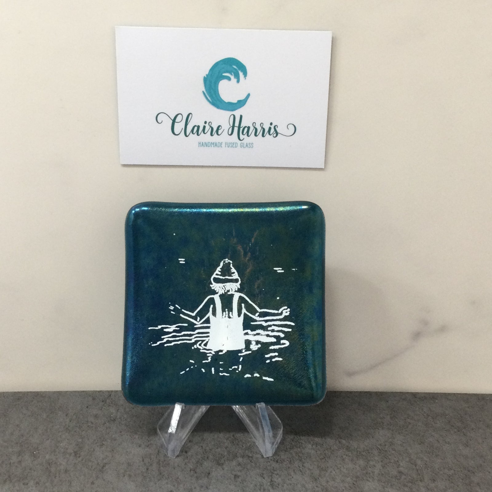 Cornish Wild Swimmer with Bobble Hat, Dark Aqua Trinket Dish