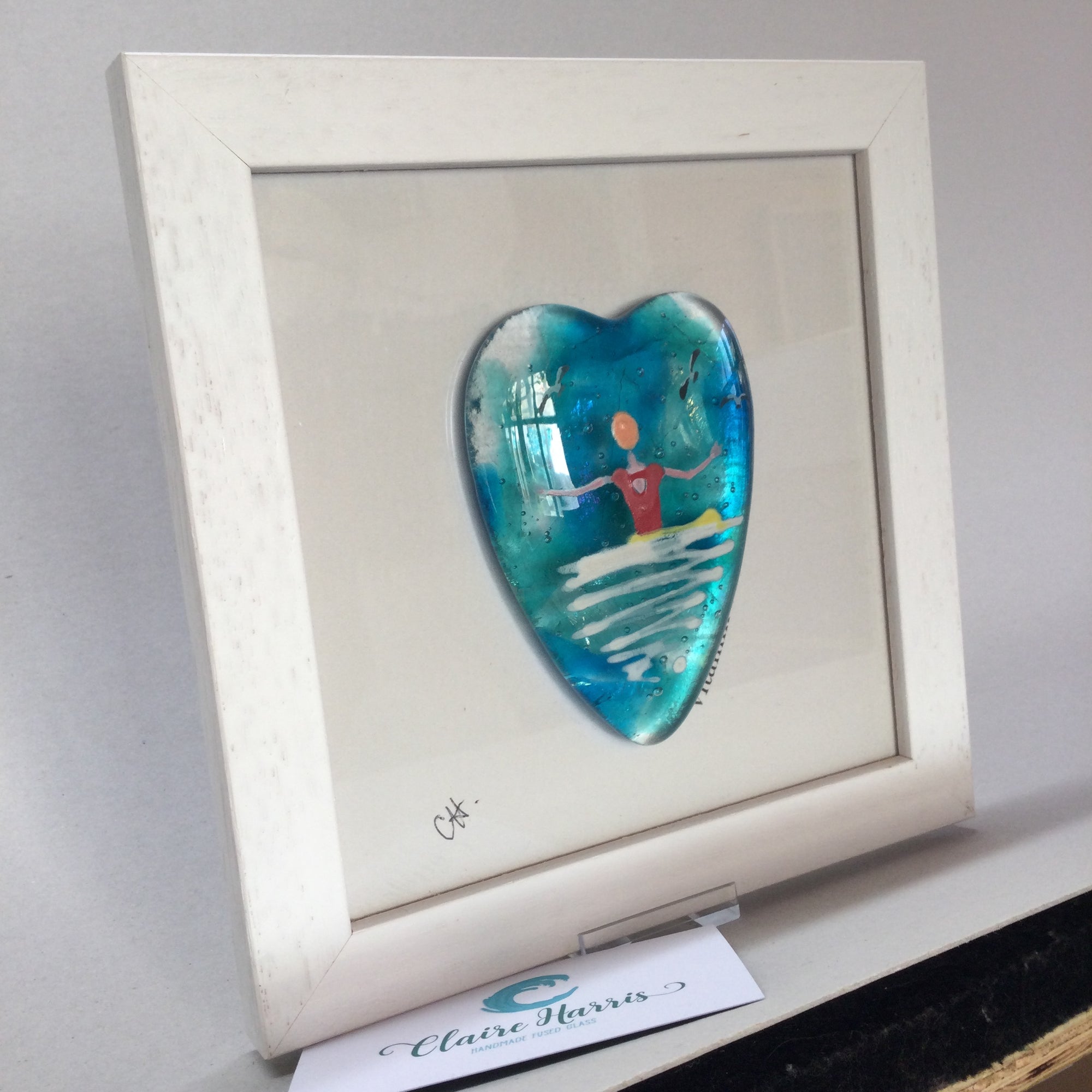 Limited Edition Fused Glass Framed Heart - Swimmer with Red Costume and Orange Cap