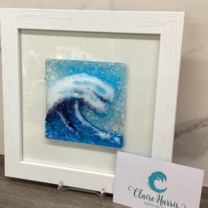 Framed Fused Glass Square Turquoise Crashing Wave