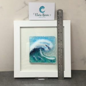 Limited Edition Framed Fused Glass Square Light Aqua Crashing Wave