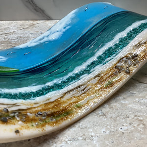 Jumbo Freestanding Wave Fused Glass Sea Scene, Cornish beach with Grass