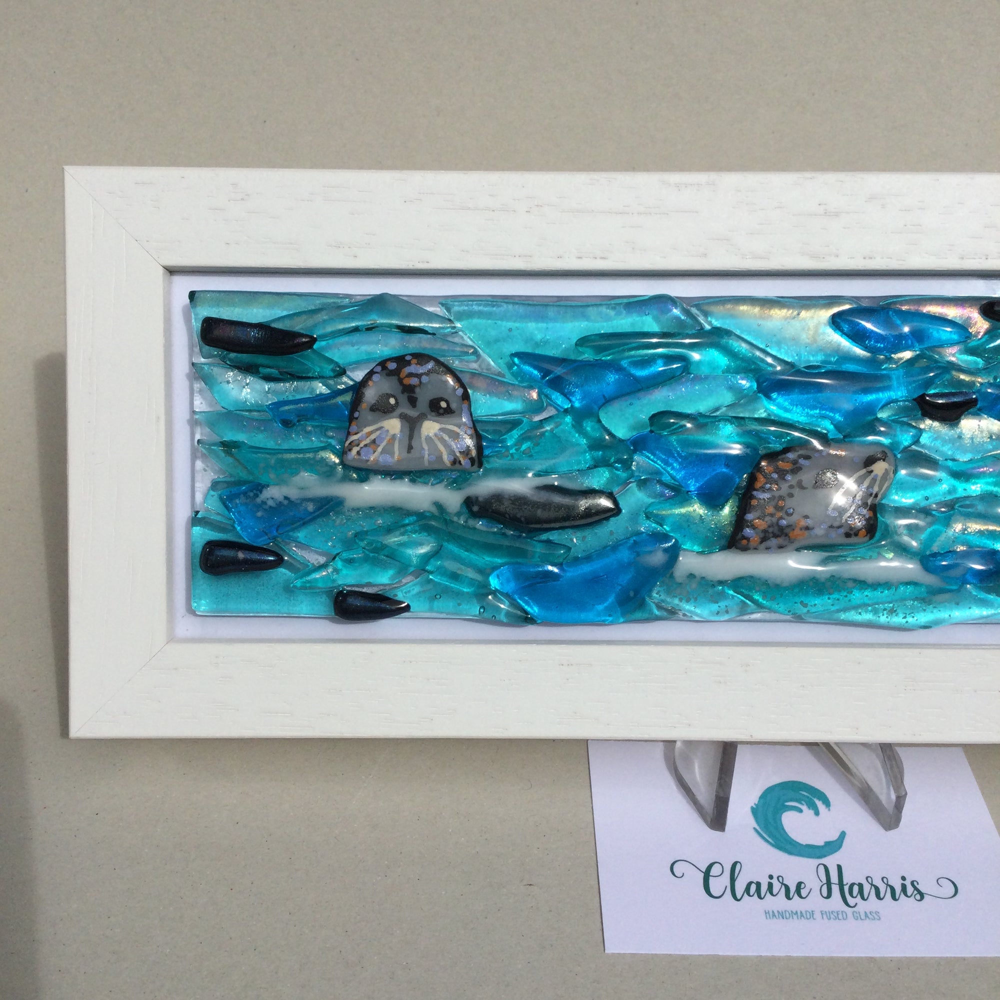 Limited Edition Framed Seals, rectangle framed fused glass