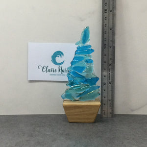 Fused Glass Blue Fir Tree, Christmas Tree with Wooden Base