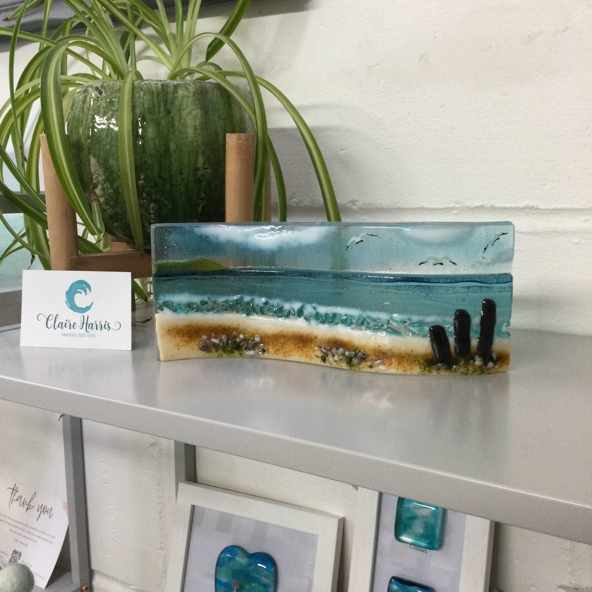 Large Freestanding Wave - Sea Scene with groyns - Fused Glass By Claire Harris 