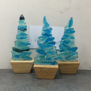 Fused Glass Blue Fir Tree, Christmas Tree with Wooden Base