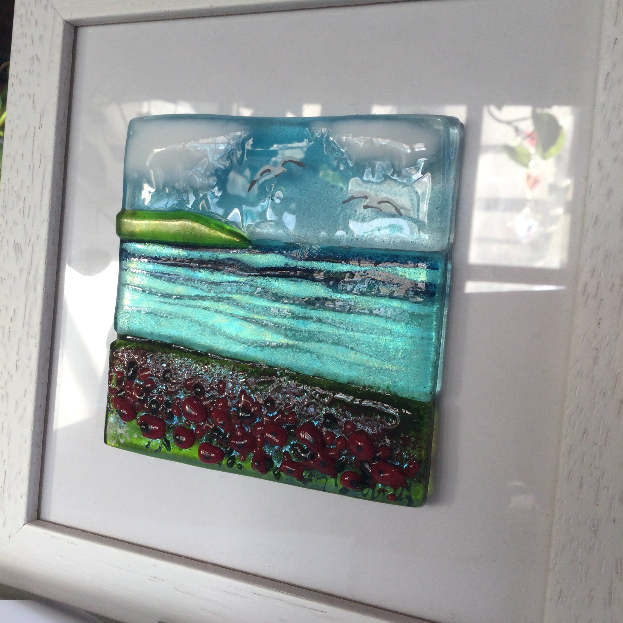 Limited Edition Framed Fused Glass Square Poppy Field Scene