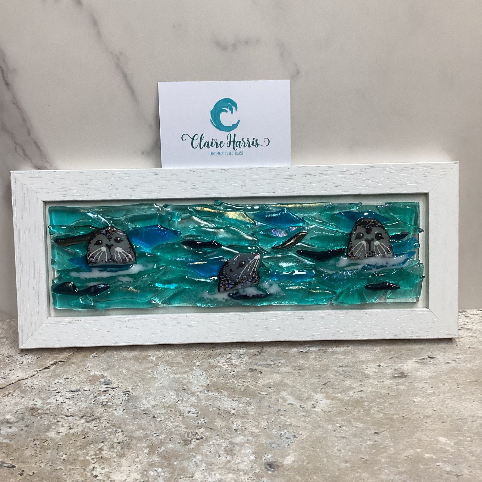 Limited Edition Framed Seals, rectangle framed fused glass