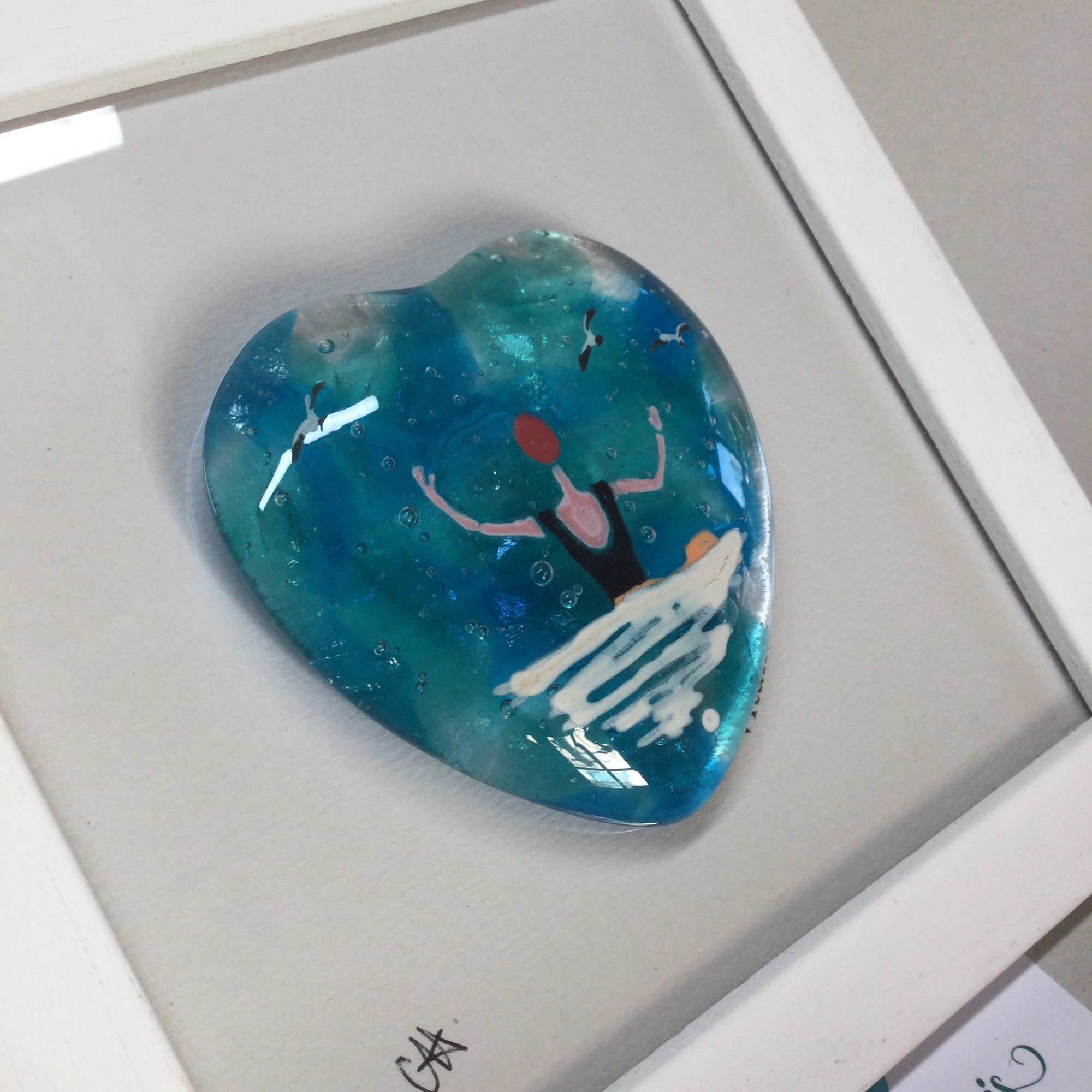 Limited Edition Framed Fused Glass Heart Sea Swimmer with Black Costume and Red Cap