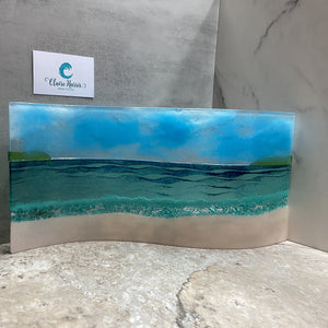 Jumbo Freestanding Wave Fused Glass Sea Scene, Cornish beach with Grass
