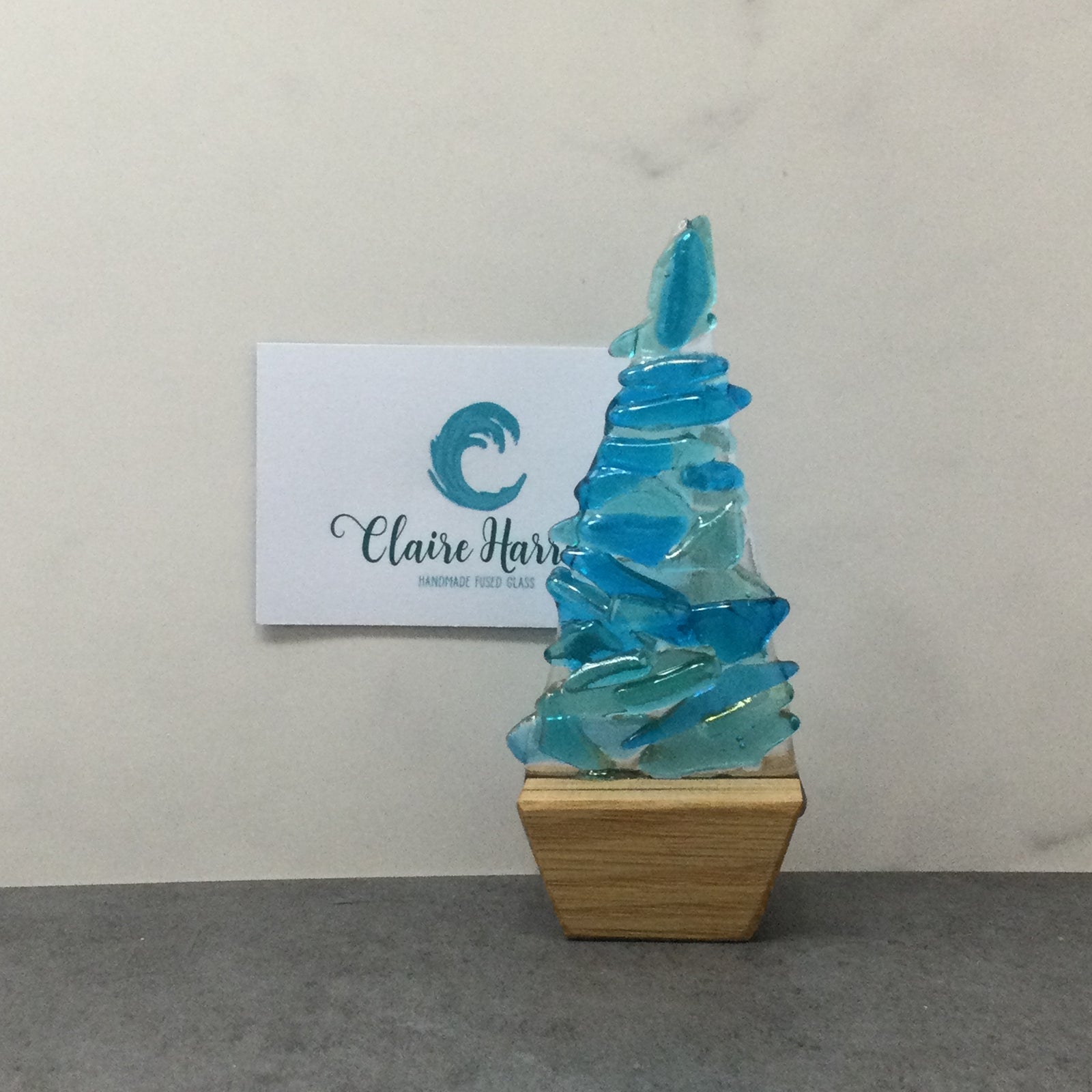 Fused Glass Blue Fir Tree, Christmas Tree with Wooden Base