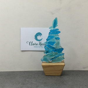 Fused Glass Blue Fir Tree, Christmas Tree with Wooden Base