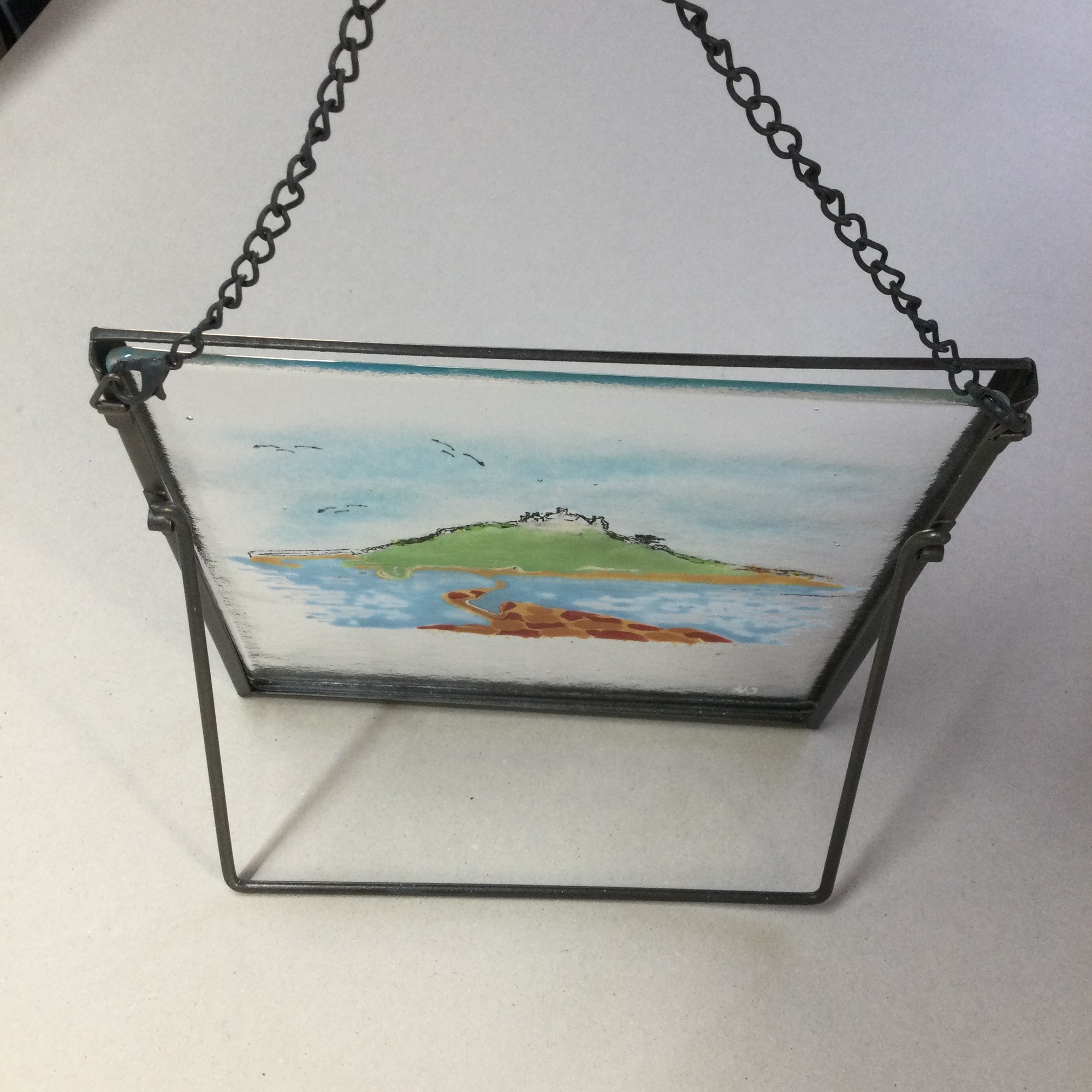 LIMITED EDITION fused glass square framed St Michaels Mount, hanger or standing display.