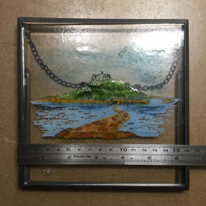 LIMITED EDITION fused glass square framed St Michaels Mount, hanger or standing display.