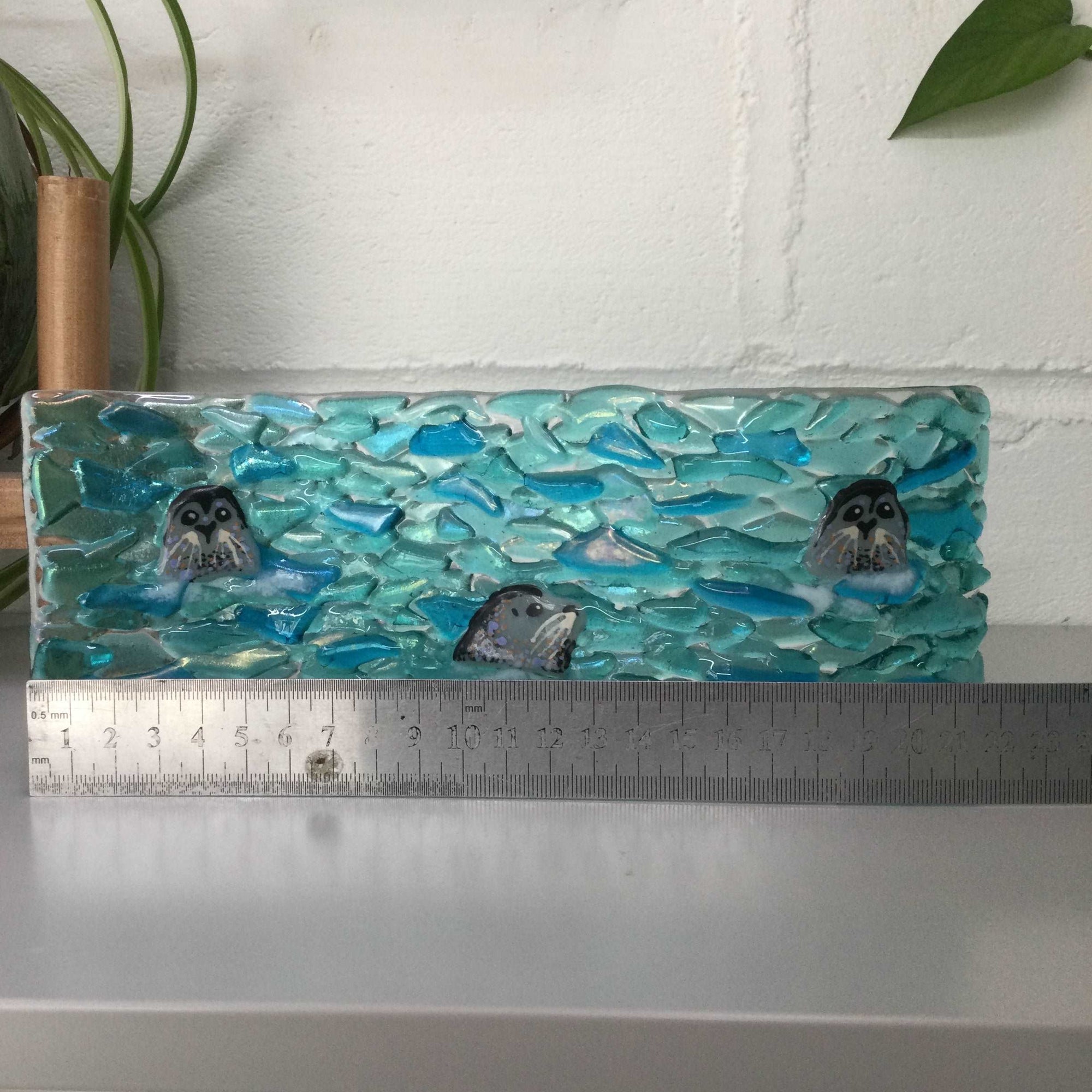 9cm Trio of Seals Freestanding Wave - Fused Glass By Claire Harris 