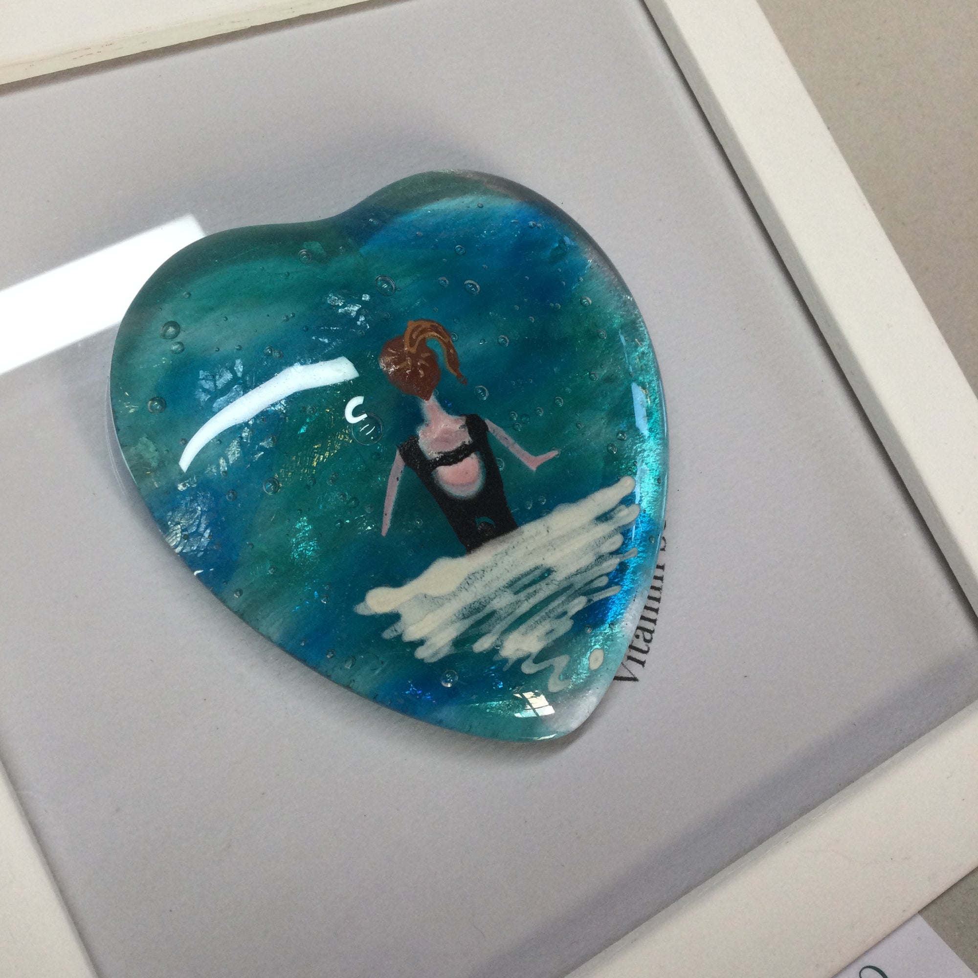 Limited Edition Framed Fused Glass Heart Sea Swimming Lady - Black Costum and Ginger Hair