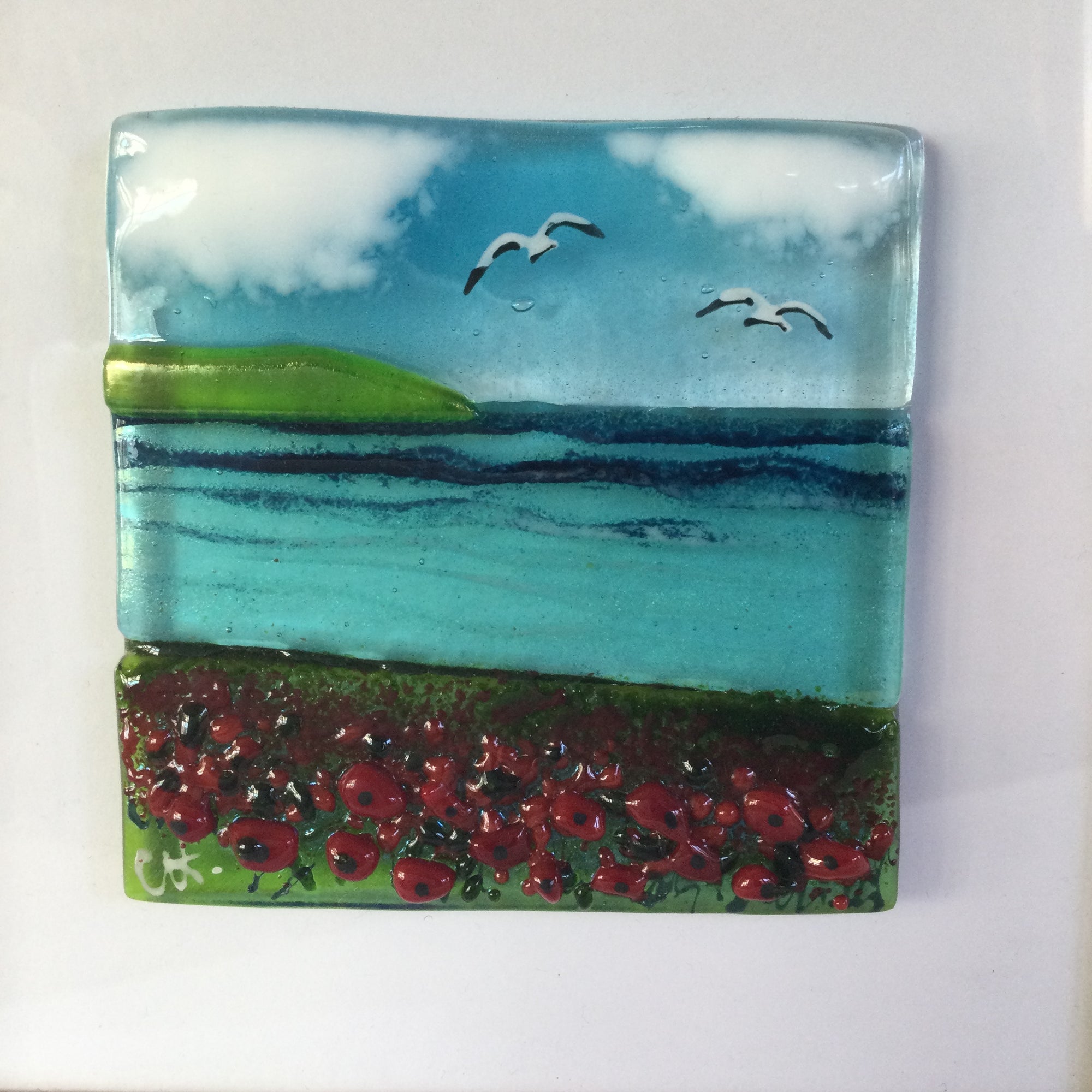 Limited Edition Framed Fused Glass Square Poppy Field Scene