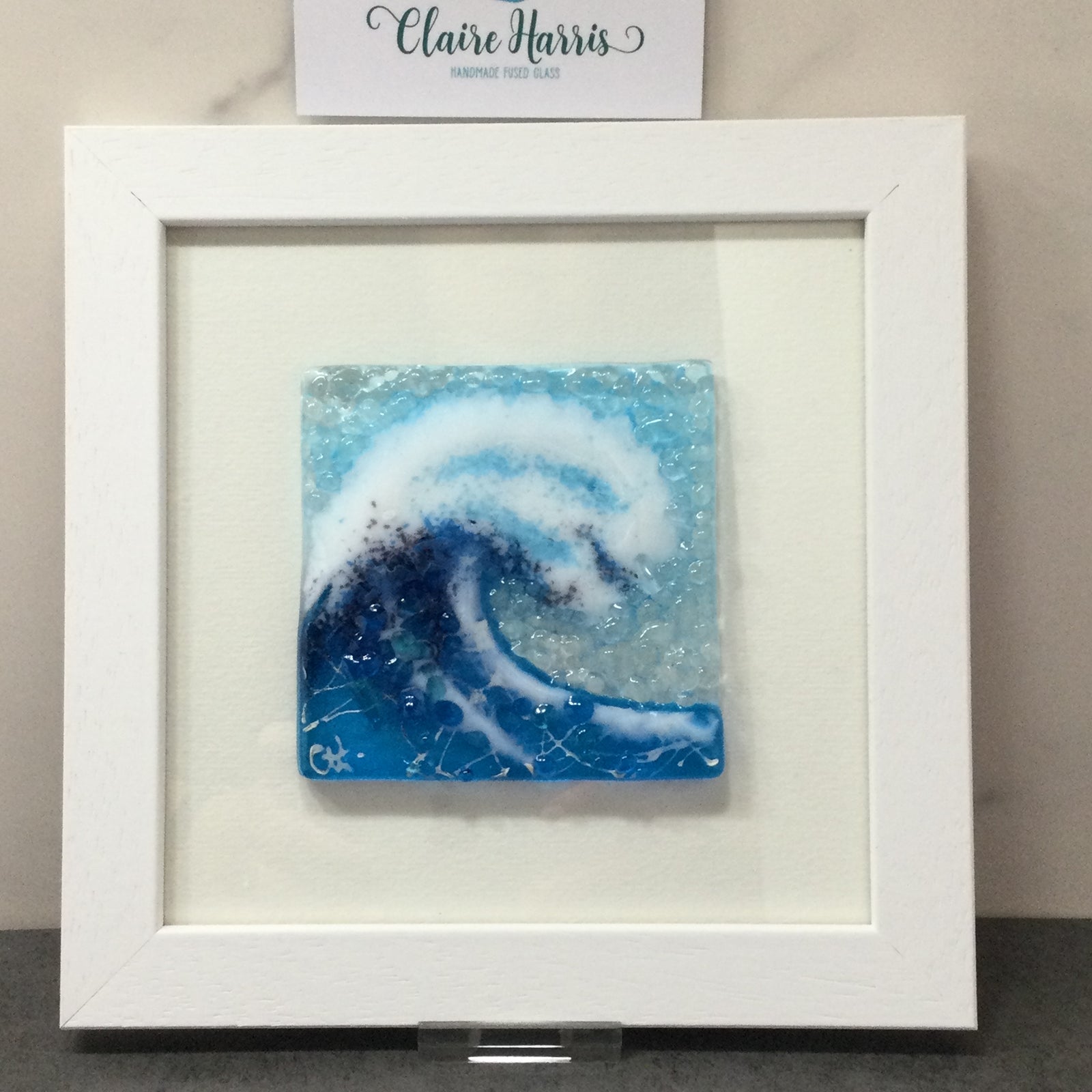 Limited Edition Framed Fused Glass Square Turquoise Crashing Wave
