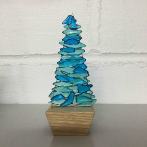 Fused Glass Blue Fir Tree, Christmas Tree with Wooden Base - Fused Glass By Claire Harris 