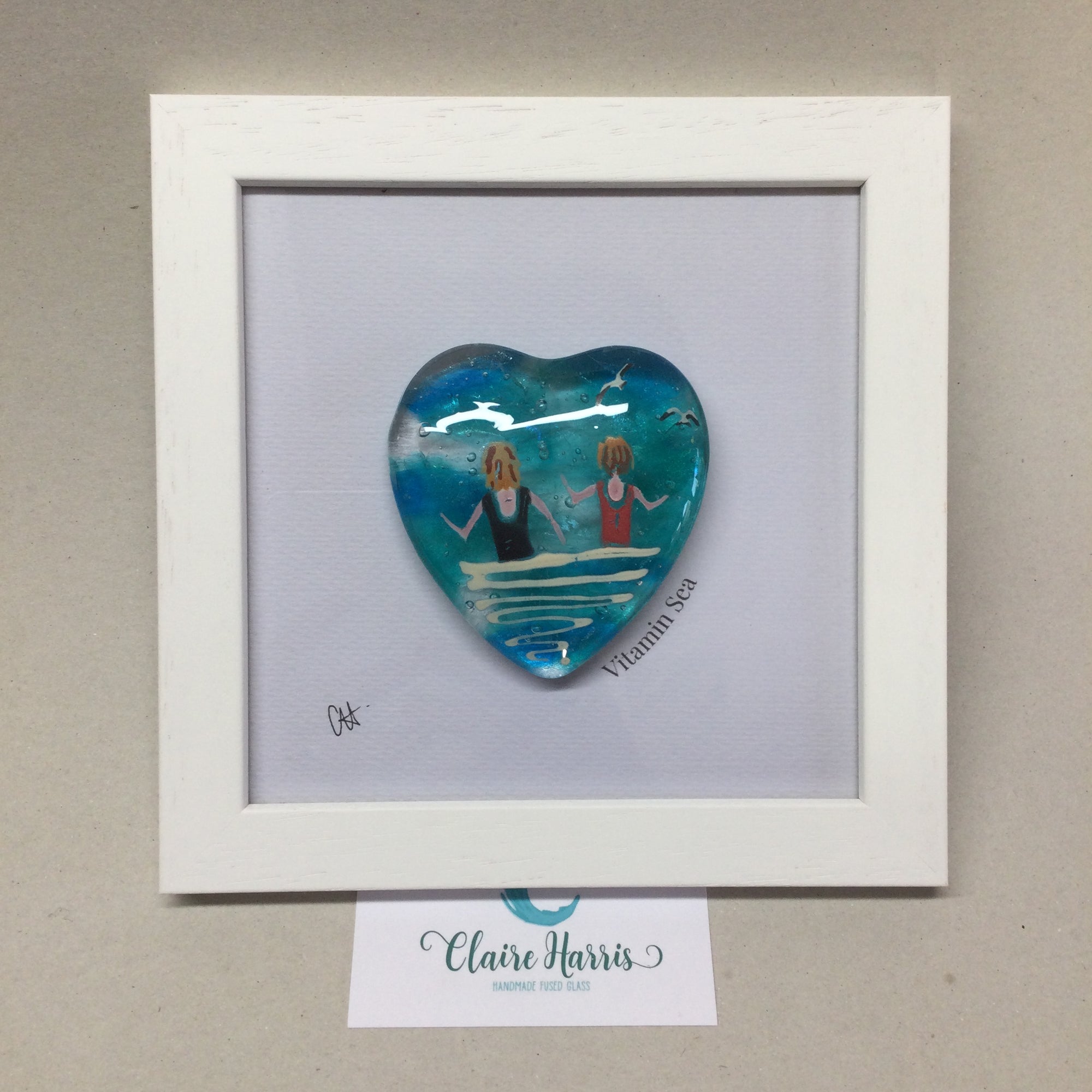 Limited Edition Framed Fused Glass Heart Swimming Ladies - Black and Red Costumes