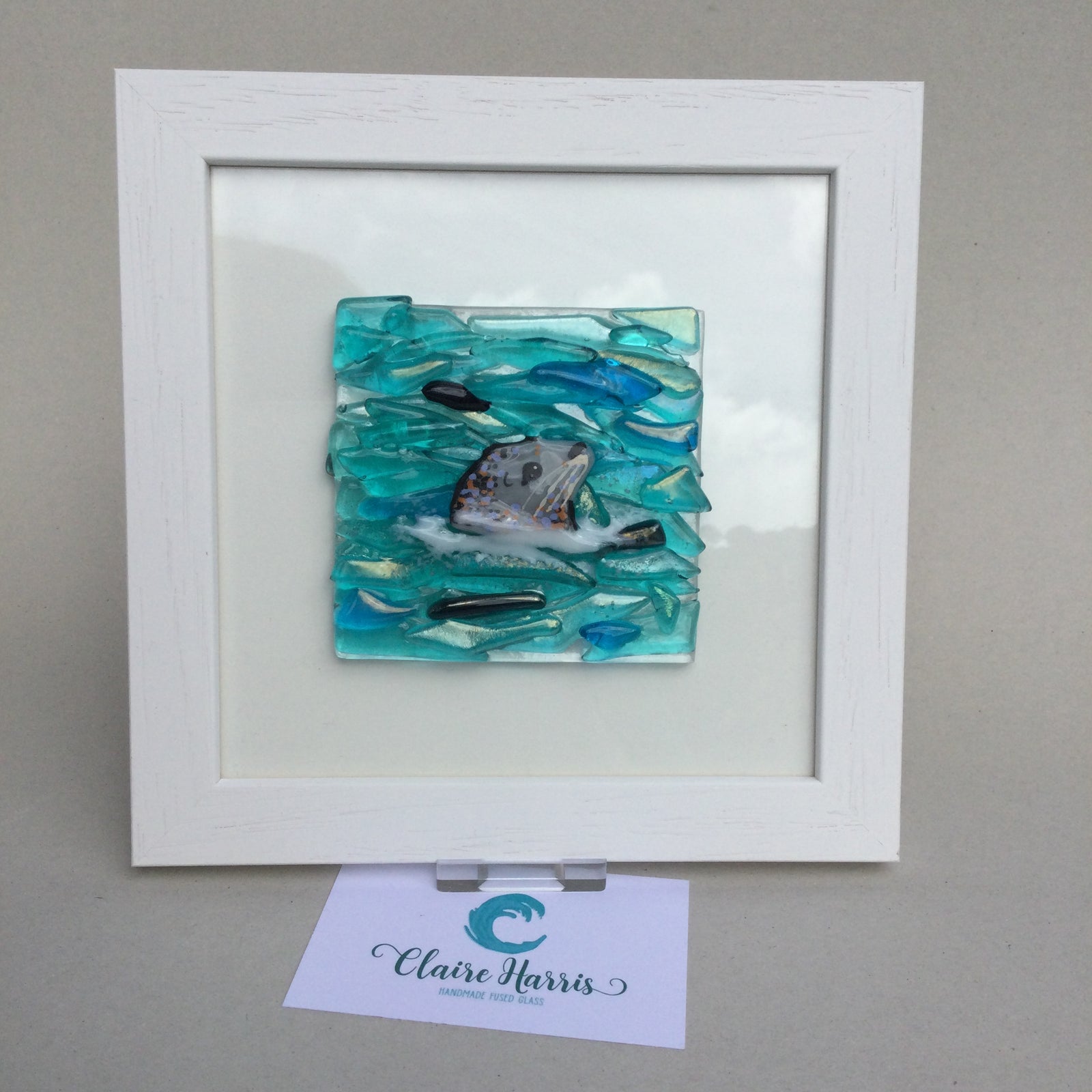 Square Framed Fused Glass Seal Side Facing