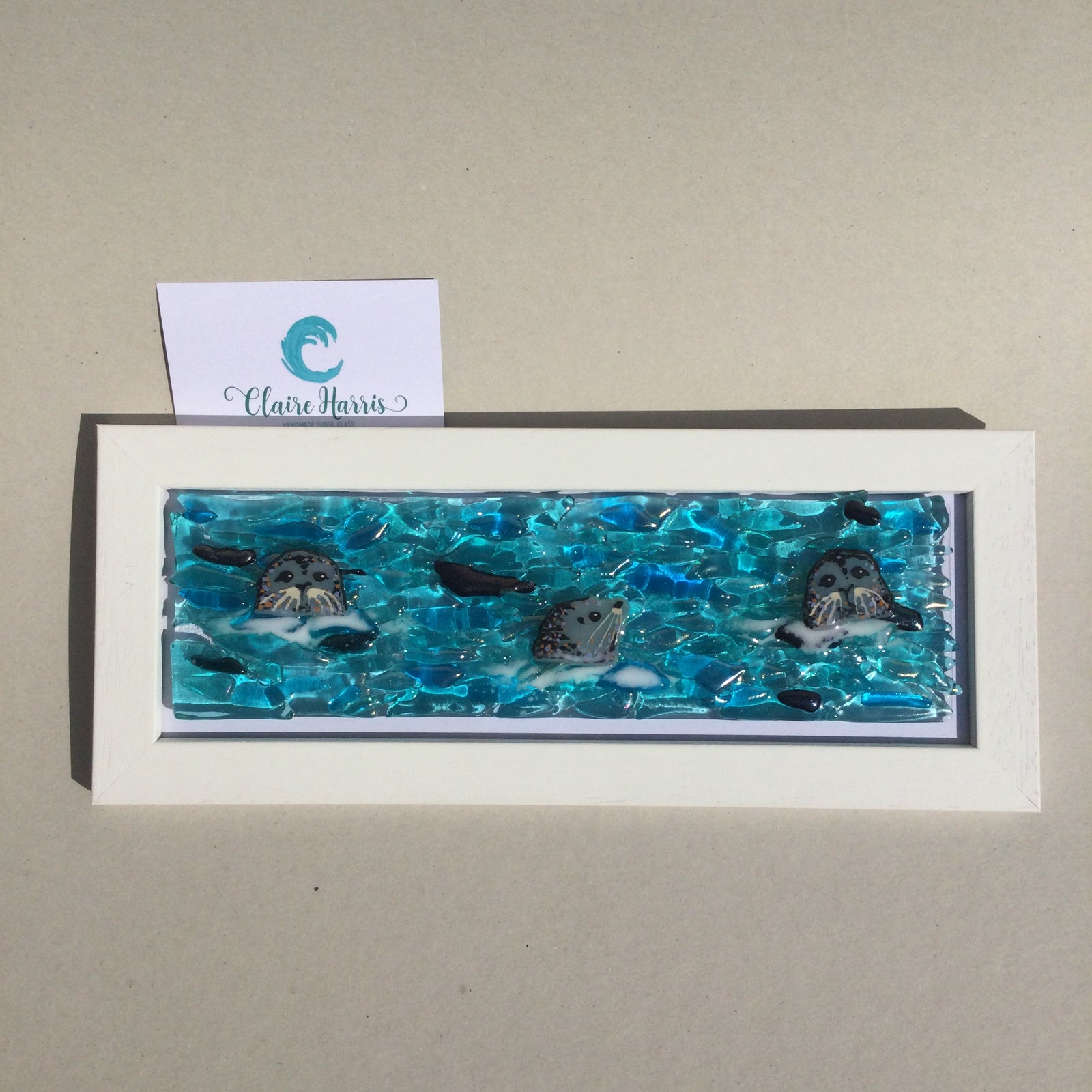 Limited Edition Framed Seals, rectangle framed fused glass