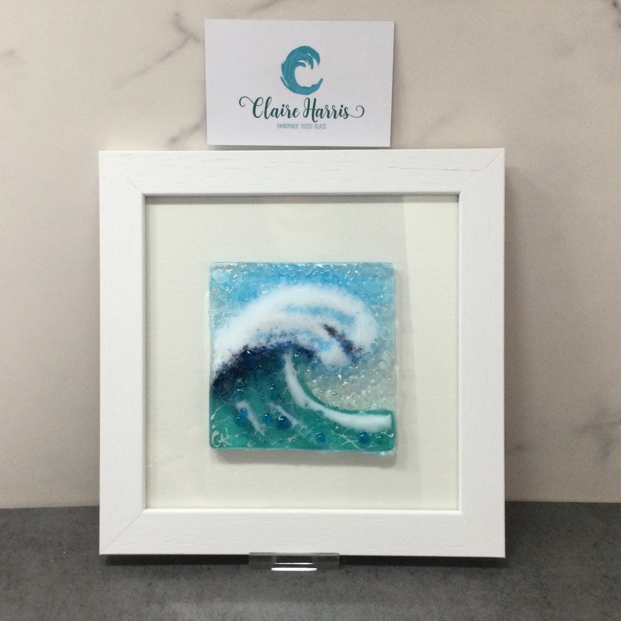 Limited Edition Framed Fused Glass Square Light Aqua Crashing Wave