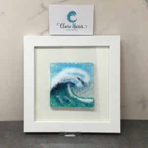Limited Edition Framed Fused Glass Square Light Aqua Crashing Wave