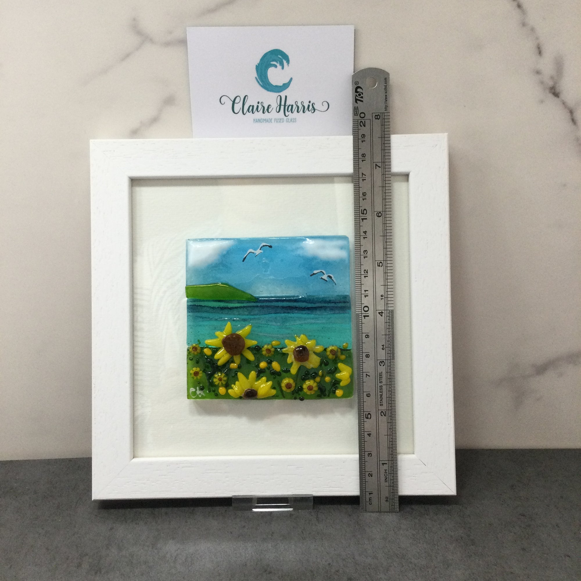 Square Framed Fused Glass - Sunflower Field Scene