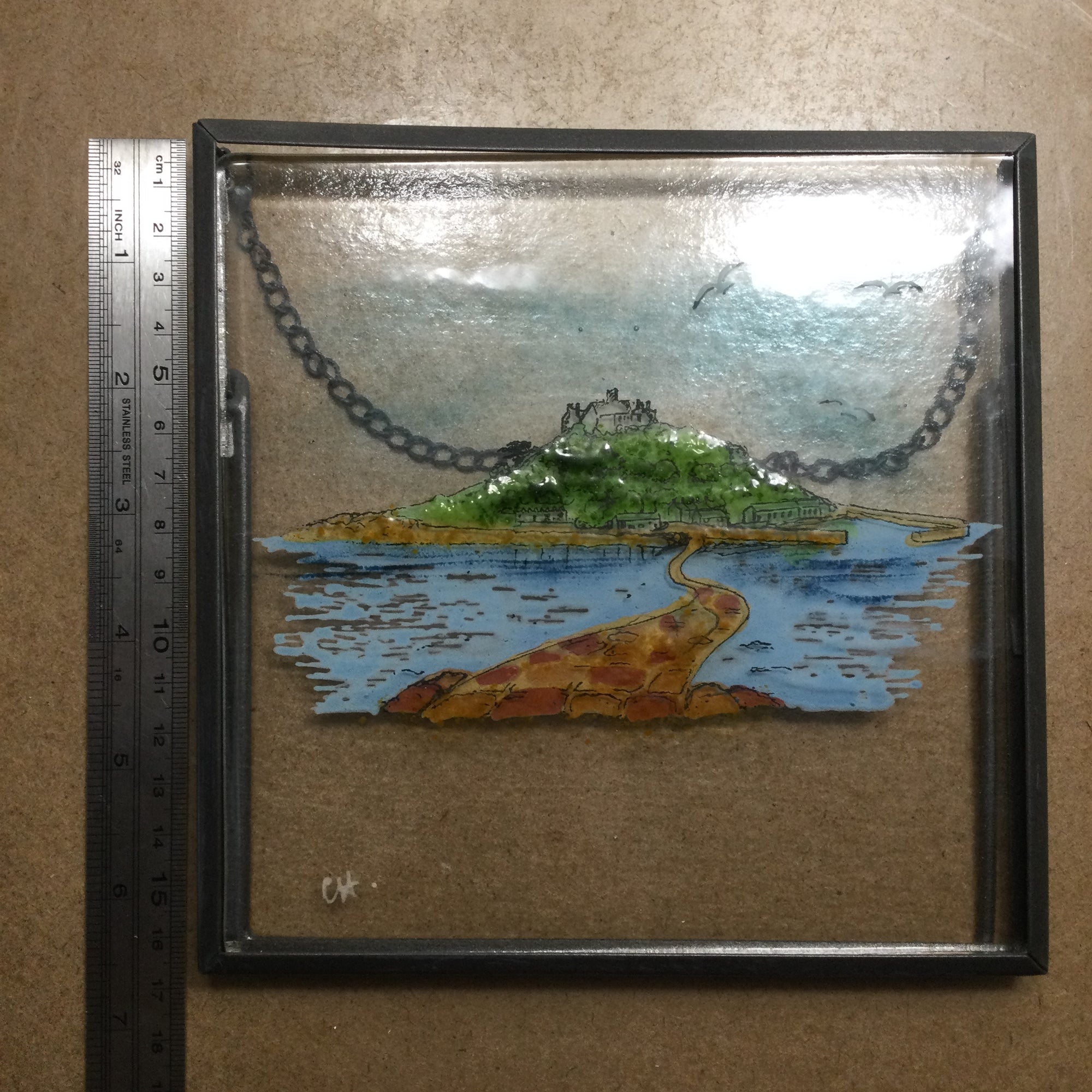 LIMITED EDITION fused glass square framed St Michaels Mount, hanger or standing display.