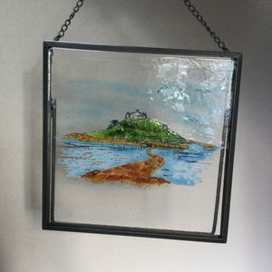 LIMITED EDITION fused glass square framed St Michaels Mount, hanger or standing display.