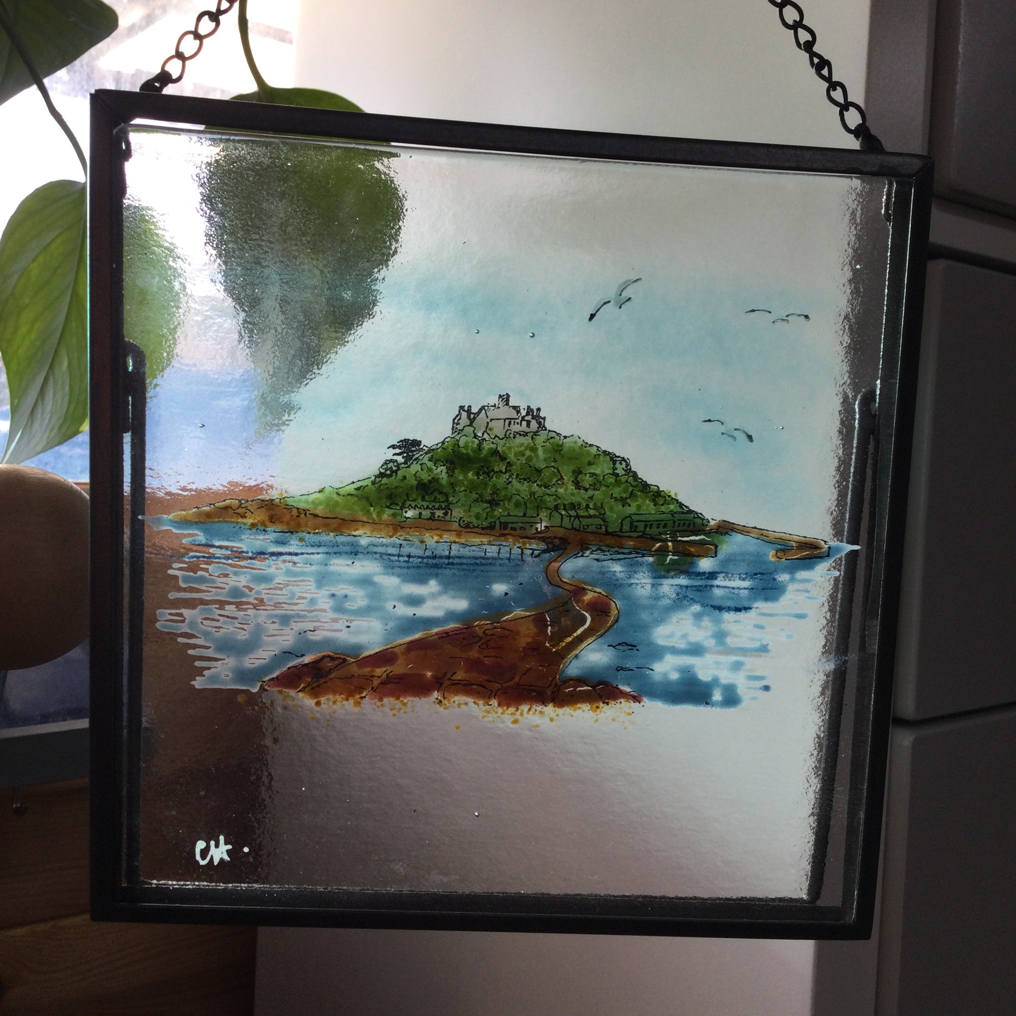 LIMITED EDITION fused glass square framed St Michaels Mount, hanger or standing display.