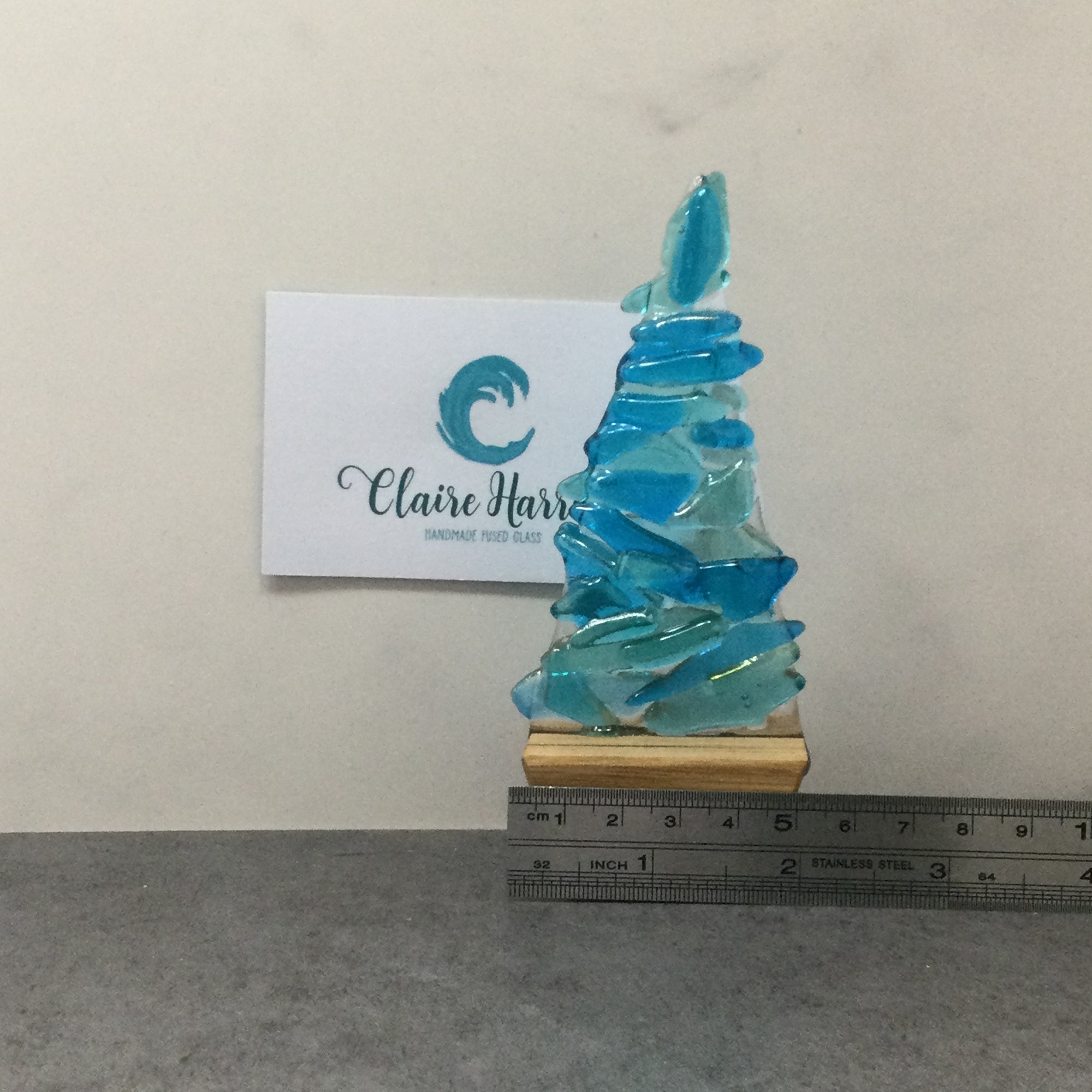 Fused Glass Blue Fir Tree, Christmas Tree with Wooden Base